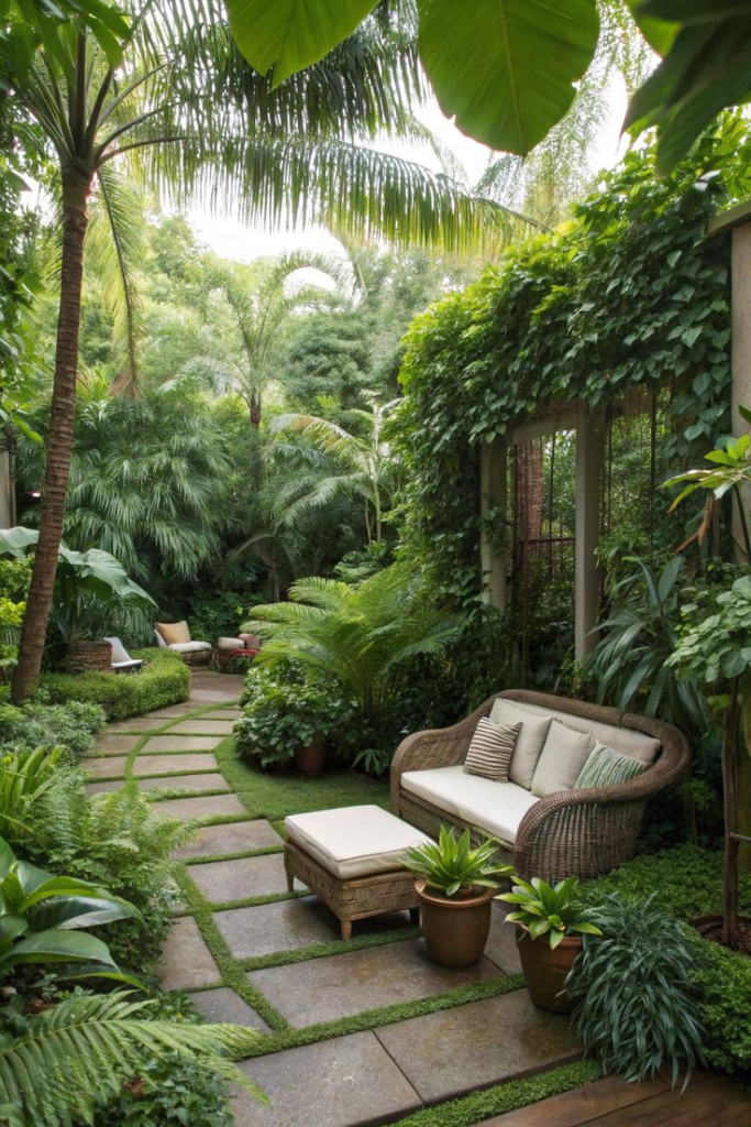 Small Patio Makeover with Rattan Chairs and Lush Greenery image